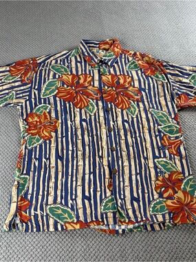 John severson Rayon Blue Tropical Floral Short-Sleeve Button-Down Shirt